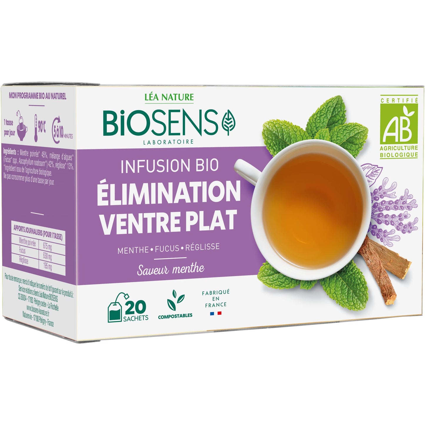 Biosens - Infusion Elimination Ventre plat - Menthe, Fucus et Réglisse - Certifié Bio AB - Fabriqué en France - 20 sachets - Medaid International