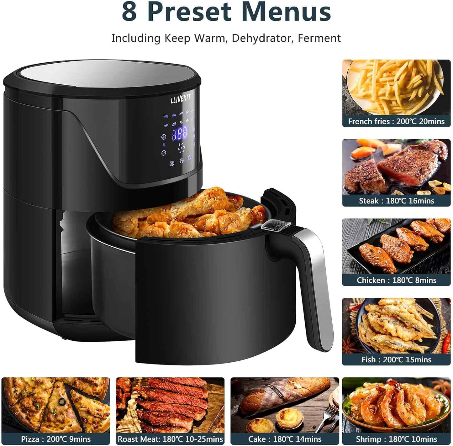 7L Large Air Fryer, 1800W + Digital Touch Screen - Black - Medaid International
