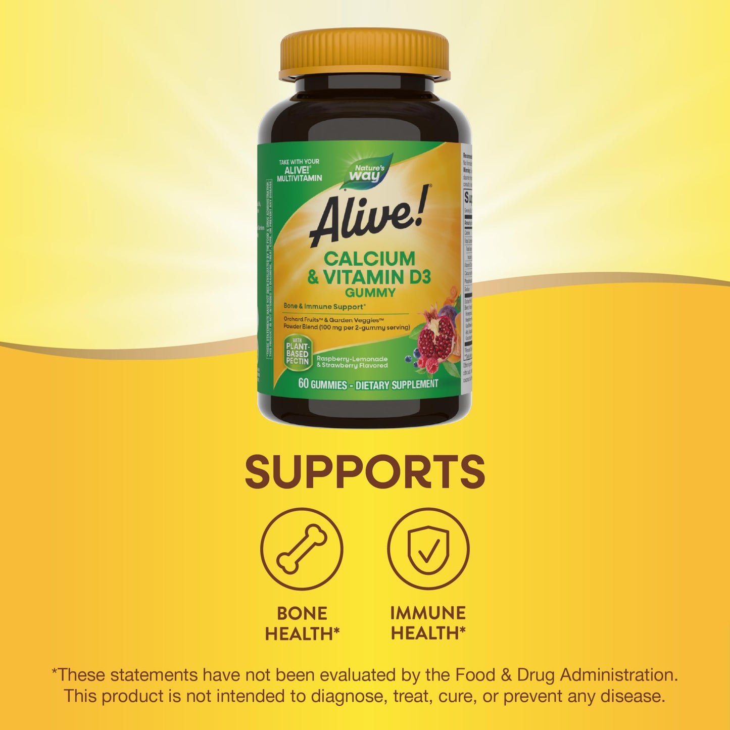 Nature's Way Alive! Daily Calcium & Vitamin D3 Gummies, Bone Support*, Immune Support*, Strawberry and Raspberry- Lemonade Flavored, 60 Gummies - Medaid International