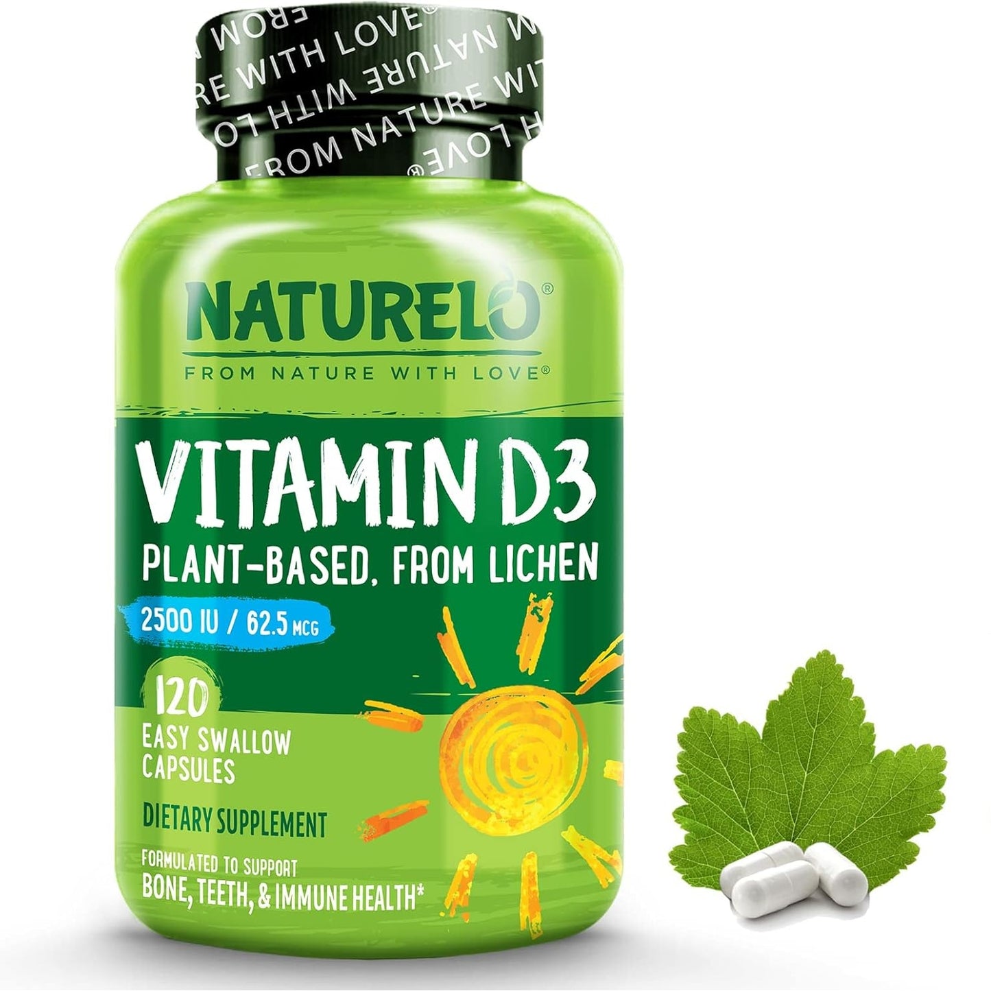 NATURELO Vitamin D - 2500 IU - Plant Based from Lichen - Natural D3 Supplement for Immune System, Bone Support, Joint Health - Vegan - Non-GMO - Gluten Free - 180 Mini Capsules - Medaid International