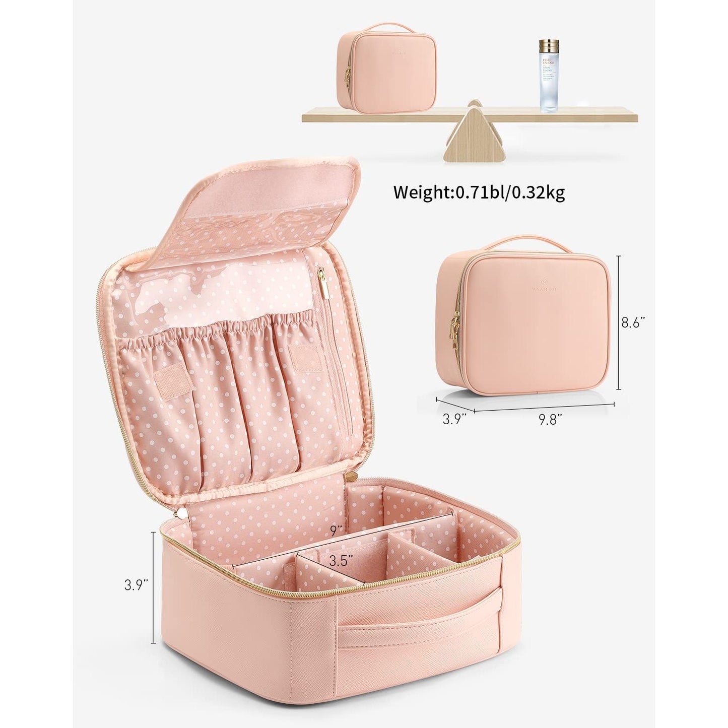 Vlando Travel Makeup Bag, Large Capacity Cosmetic Bag for Women PU Leather Makeup Case Organizer Portable Make up Bag with Dividers and Handle for Girls,Wedding,Makeup Brushes Pink - Medaid International