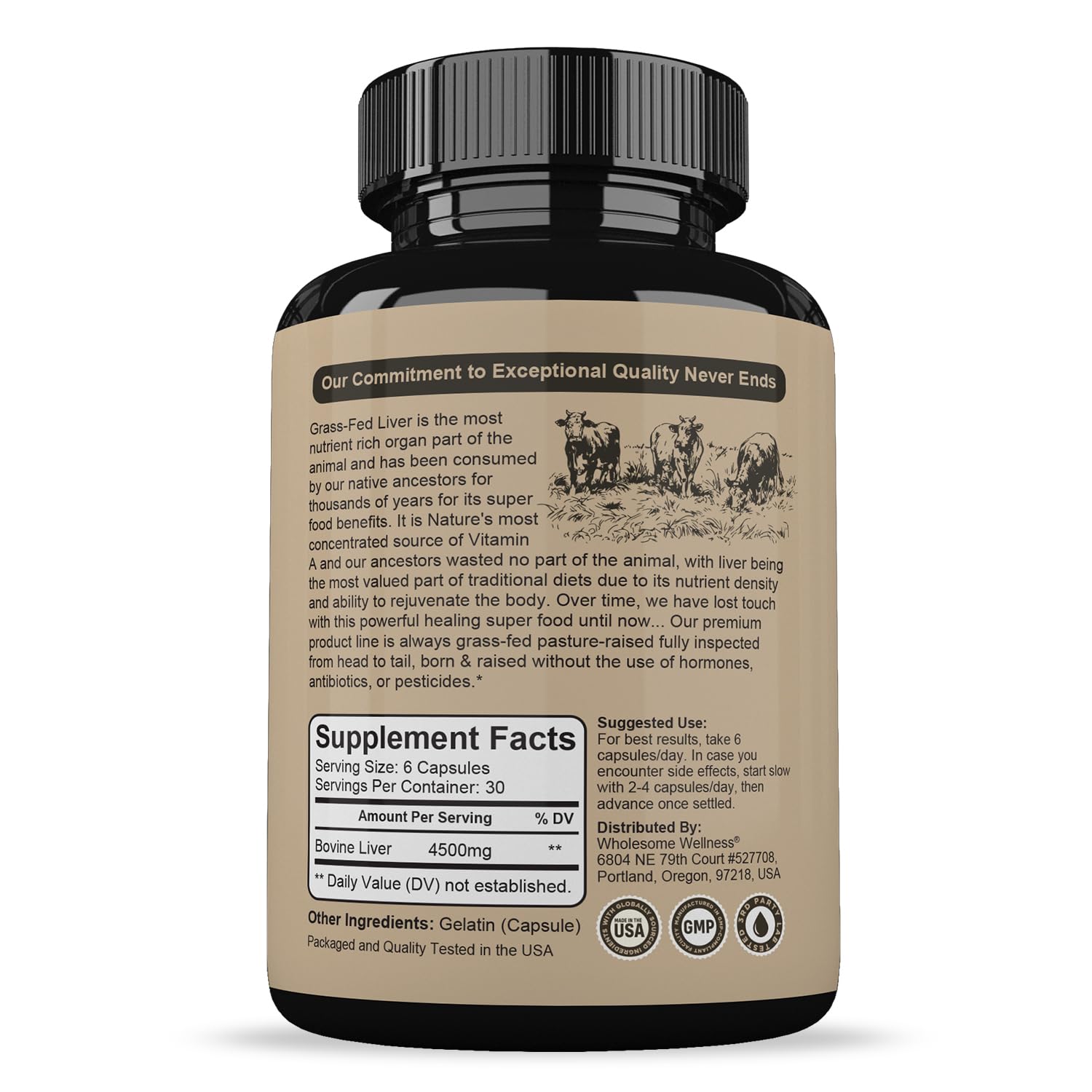 Wholesome Wellness Grass Fed Desiccated Beef Liver Capsules (180 Pills, 750mg Each) - Natural Iron, Vitamin A, B12 for Energy - Raised Undefatted in New Zealand Without Hormones or Chemicals - Medaid International