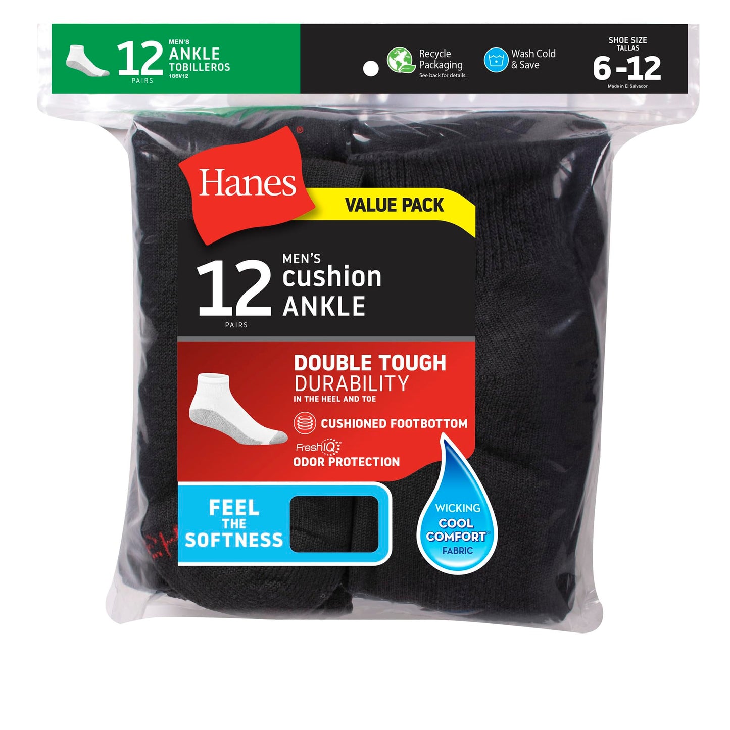 Hanes mens Double Tough Ankle Socks, 12-pair Pack Casual Sock, Black, 12 14 US - Medaid International