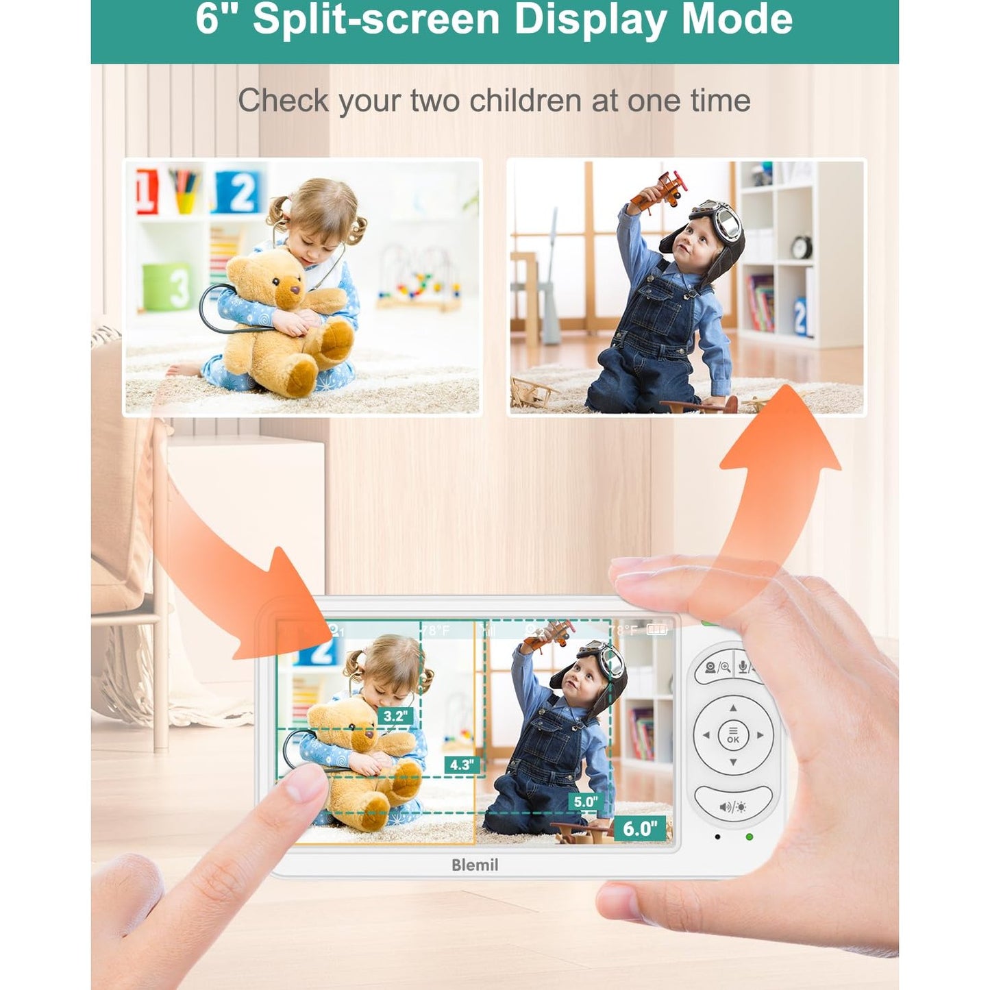 Blemil 6" Baby Monitor with 2 Cameras 4000mAh Battery Upgrade Split Screen Video Baby Monitor No WiFi Remote Pan-Tilt-Zoom Auto-Night Vision 150 Languages ECO Mode 2-Way Talk 1000FT (Ideal Condition) - Medaid International