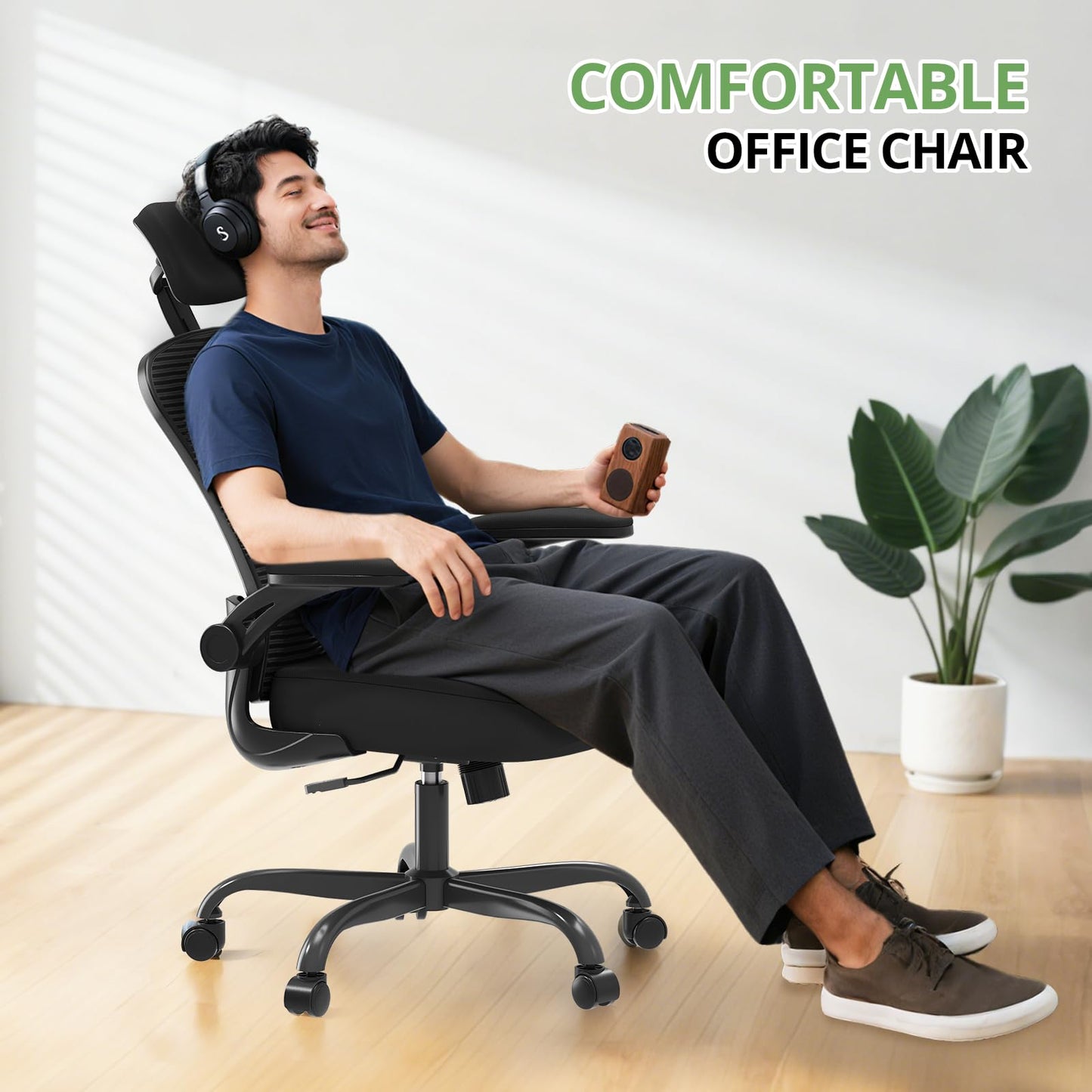 Office Chair Ergonomic Desk Chair, 330LBS Capacity, High Back Computer Chair for Long Hours Comfortable, Rolling Swivel Executive Task Chair for Home Office with Flip-up Armrests, Black - Medaid International