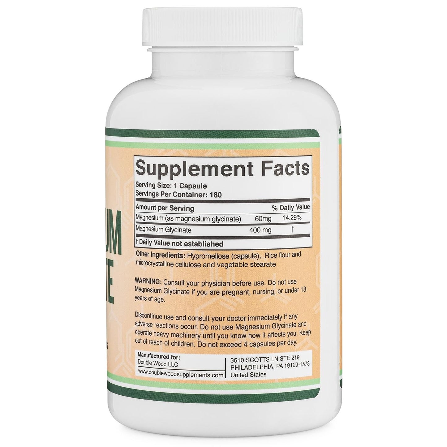 Magnesium Glycinate 400mg, for Sleep, Muscle, & Heart Support - (Vegan, Third Party Tested, Gluten Free, Non-GMO), 180 Capsules by Double Wood Supplements - Medaid International