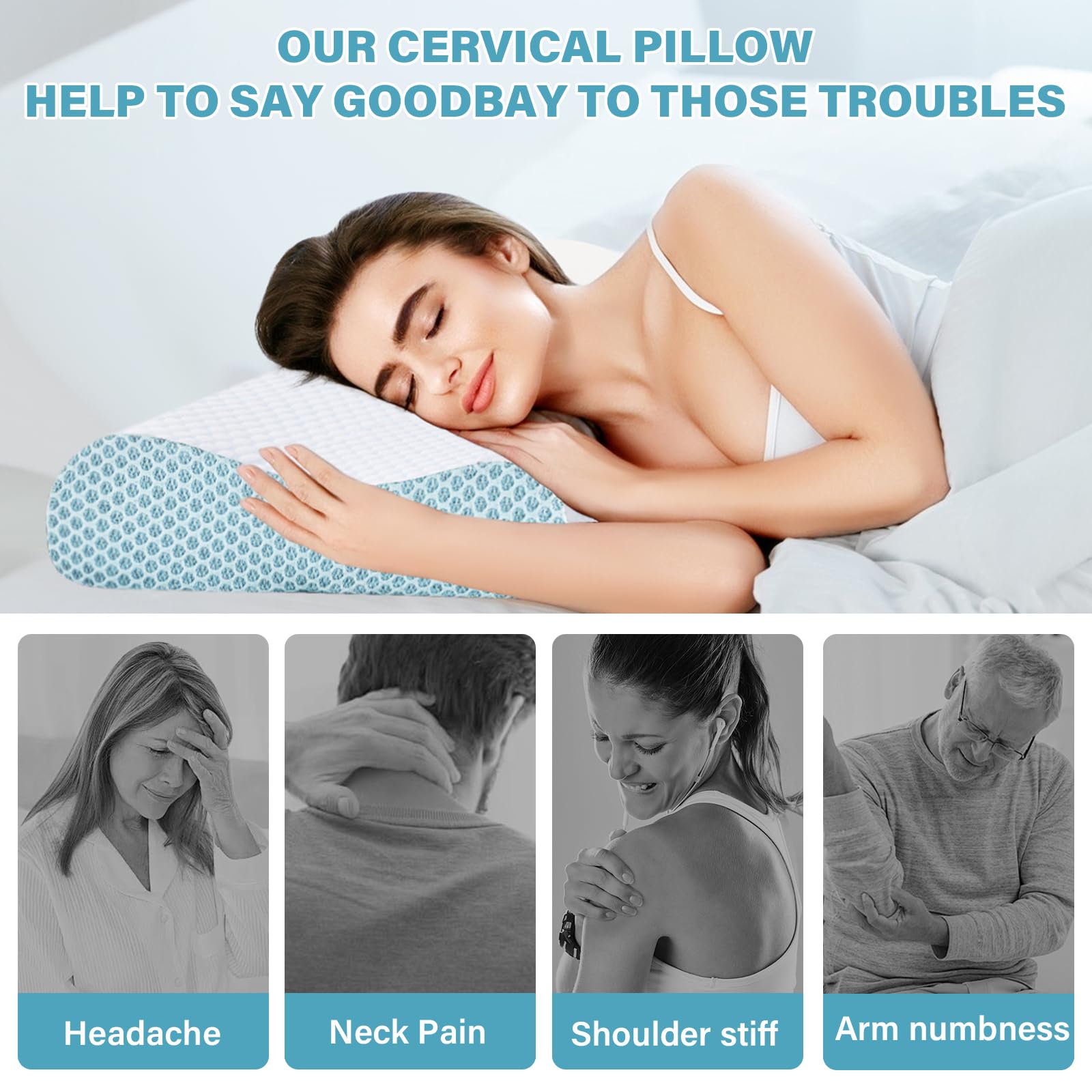 2 Pack Memory Foam Cooling Bed Pillows for Sleeping, Ergonomic Cervical Pillow for Neck and Shoulder Pain Relief, Adjustable Cold Pillow Set of 2,with Pillowcase(Blue) - Medaid International