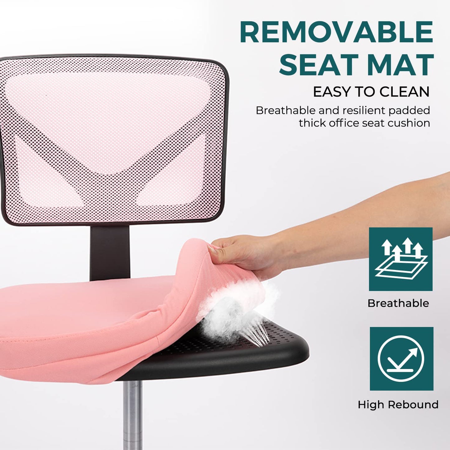 DUMOS Armless Desk Chairs with Wheels, Ergonomic Adjustable Home Office Swivel Rolling Task Chair No Arms, Comfy Mesh Mid Back Computer Work Vanity Desk Seat for Small Spaces, Light Pink - Medaid International
