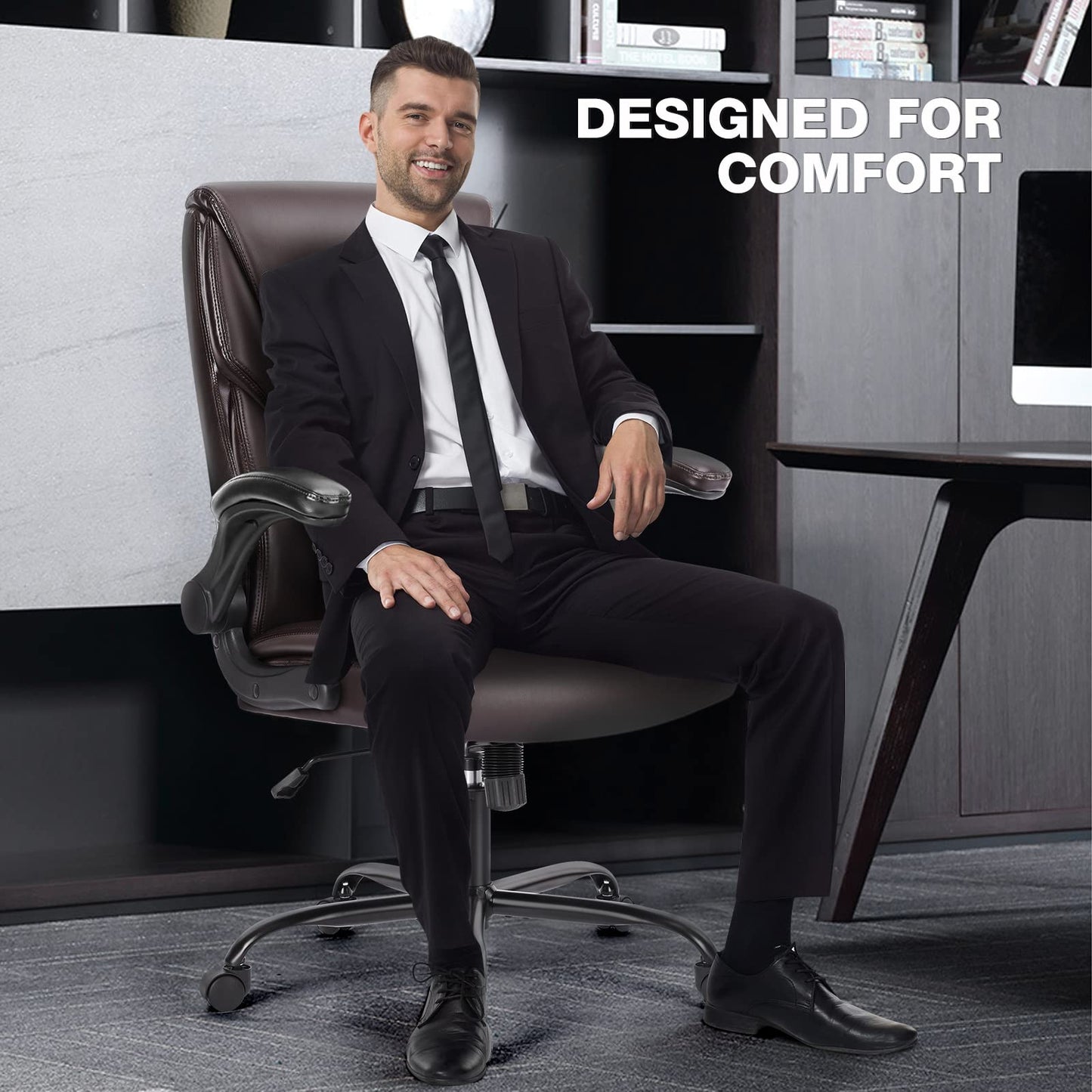 Executive Office Chair – Ergonomic Adjustable Computer Desk Chairs with High Back Flip-up Armrests, Swivel Task Chair with Lumbar Support, Bonded Leather - Medaid International