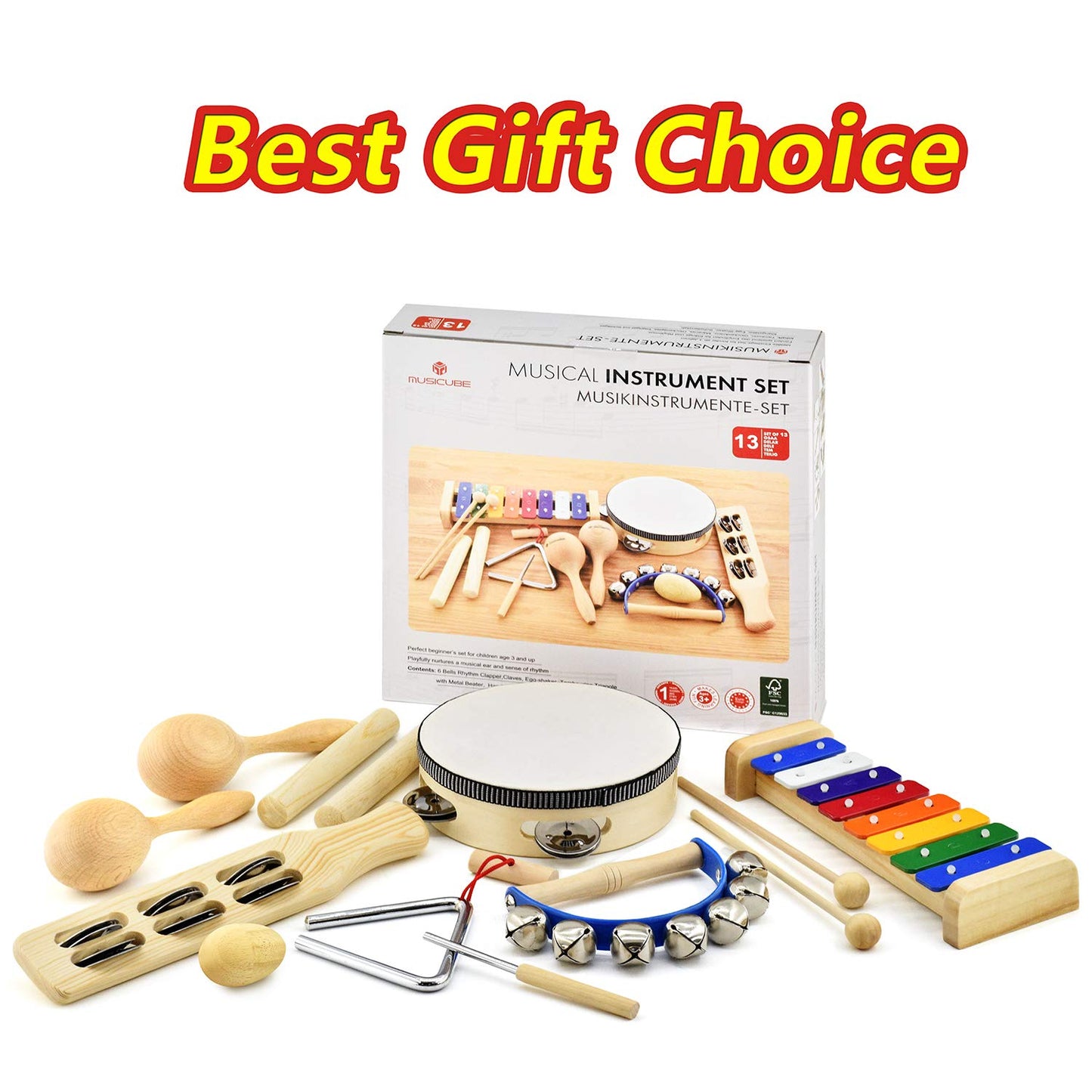 MUSICUBE Musical Instrument Set for Toddler Baby Kid Wooden Percussion Instrument Musical Toys Xylophone Maracas Egg Shaker Tambourine Triangle Instrument for Boys Girls Aged 3+ Choice - Medaid International