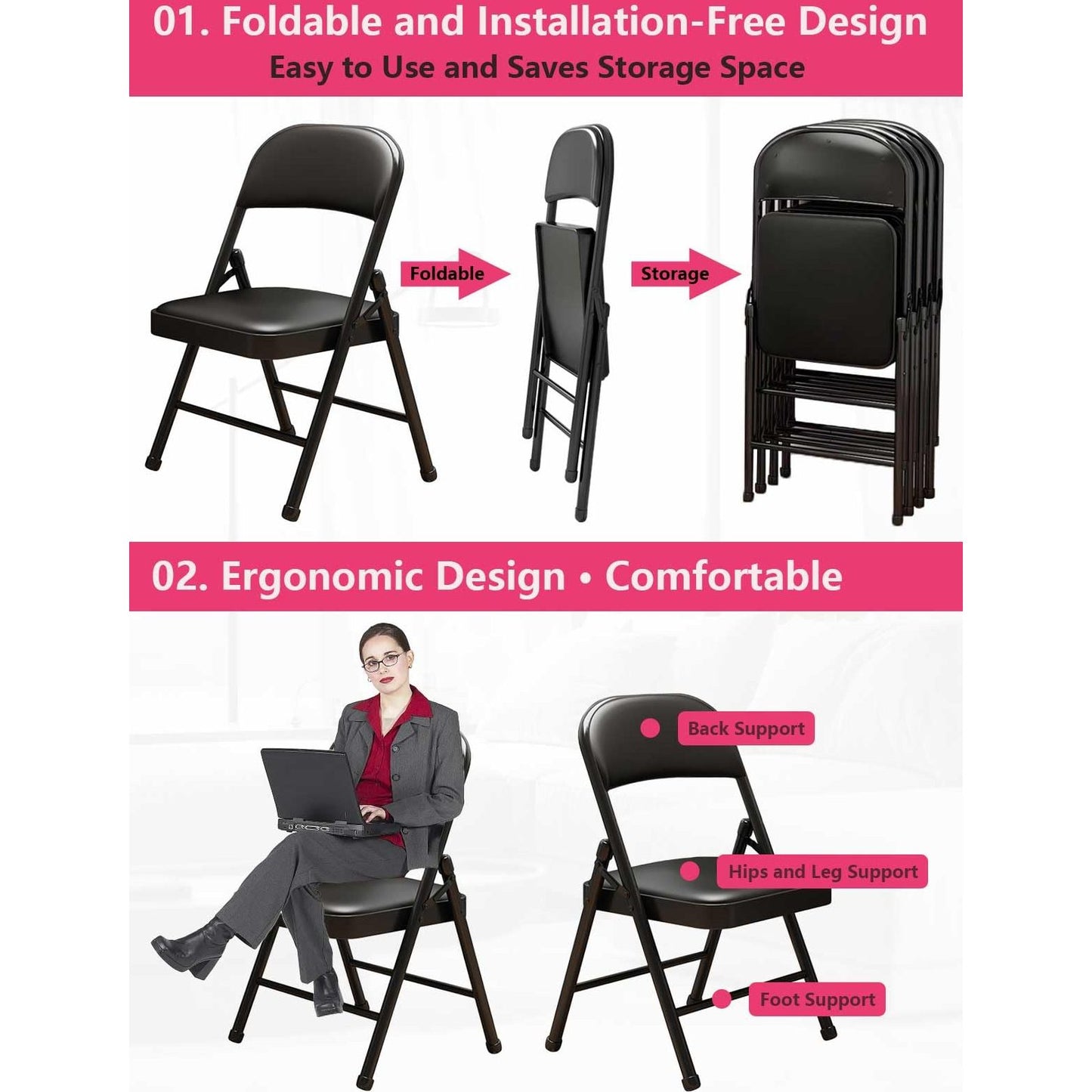 KAOCHA 1 Pack Bulk Folding Chairs with Padded Cushion, Single Black Steel Metal Frame Foldable Chair for Indoor and Outdoor, Portable Stackable Commercial Seat for Bedroom Patio Party Event - Medaid International