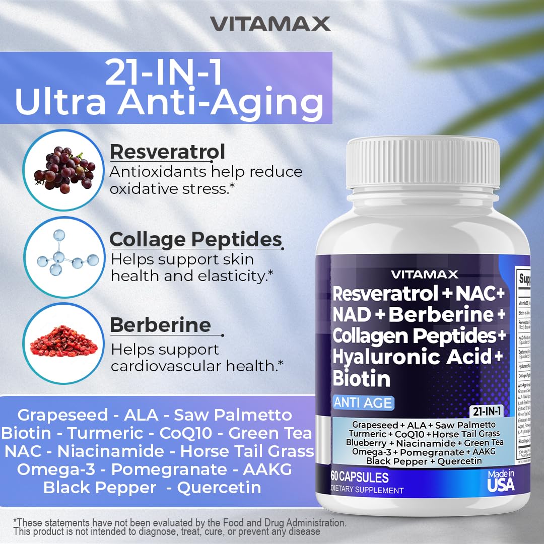 Resveratrol NAD+ Berberine Hyaluronic Acid - Biotin Grape & Blueberry + NAC - Collagen Peptides - Hair, Nail, Skin & Joint Supplement - 21-in-1 Women and Men - Made in USA (60 Count (Pack of 1) - Medaid International