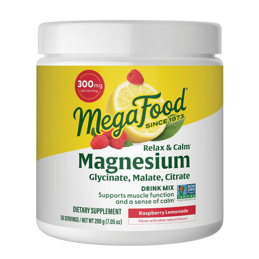 MegaFood Relax + Calm Magnesium Powder - Highly Absorbable Magnesium Glycinate, Magnesium Citrate & Magnesium Malate - Without 9 Food Allergens - Raspberry Lemonade Flavor - 7.05 Oz (50 Servings) - Medaid International