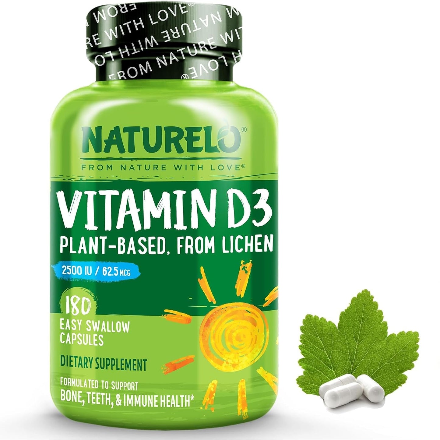 NATURELO Vitamin D - 2500 IU - Plant Based from Lichen - Natural D3 Supplement for Immune System, Bone Support, Joint Health - Vegan - Non-GMO - Gluten Free - 180 Mini Capsules - Medaid International