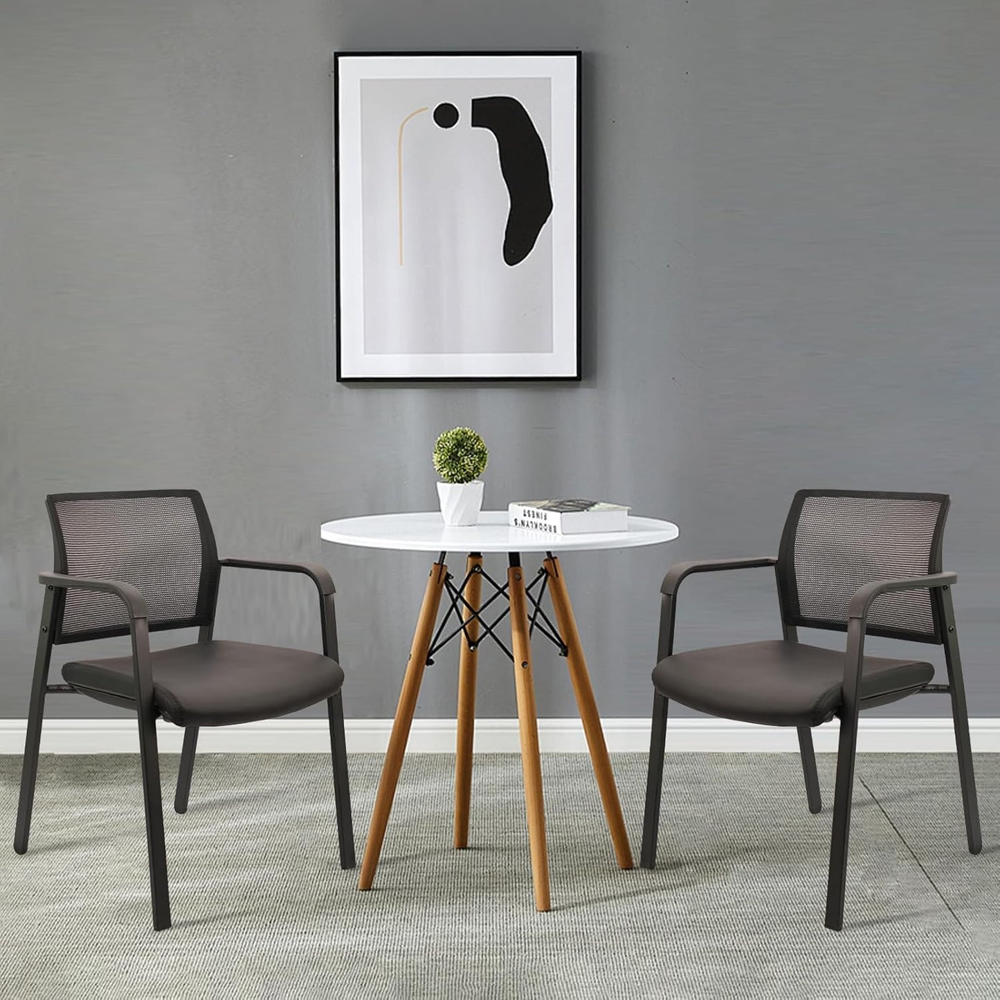 CLATINA Stackable Office Chair, Mesh Back Guest Chairs with Comfortable Leather Seat Arms Stacking Ergonomic Desk Chair No Wheels for Conference Waiting Reception School Stationary, Black, Set of 8 - Medaid International