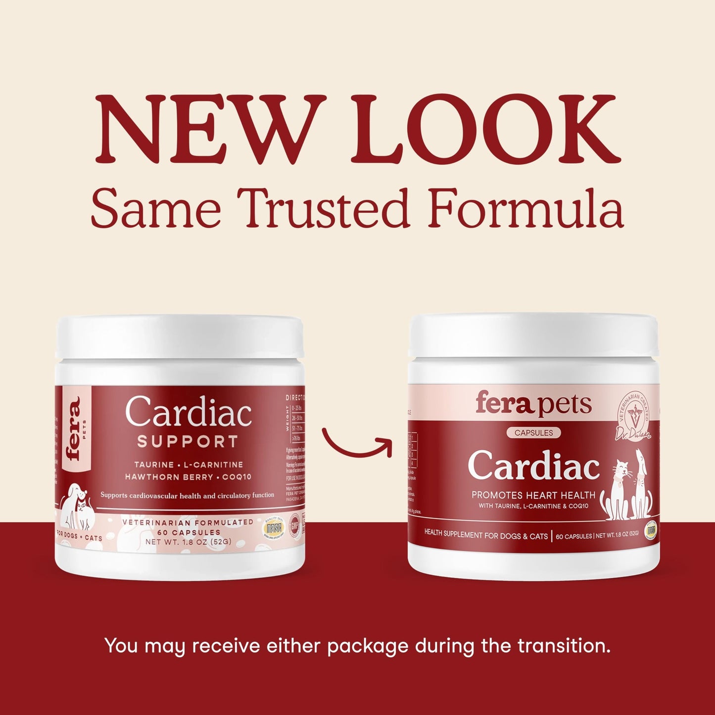 Fera Pets Cardiac Support - Cat & Dog Heart Supplement with Taurine, L-Carnitine, & CoQ10 - Promotes Normal Circulation and Heartbeat - 60 Capsules