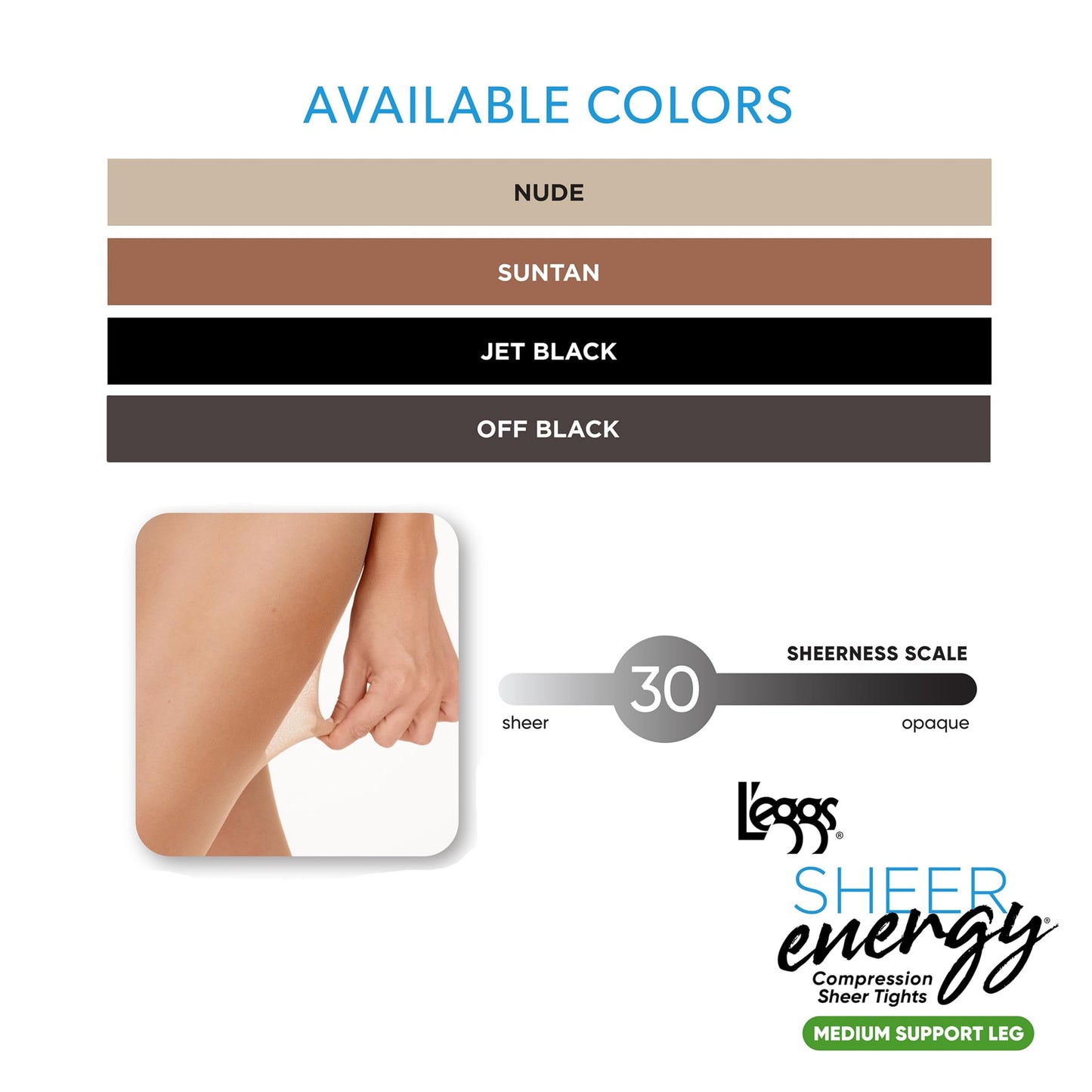 L'eggs Sheer Energy Medium Support Women's Compression Tights, Control Top, Sheer Toe, Jet Black, Size B (Pack of 3) - Medaid International