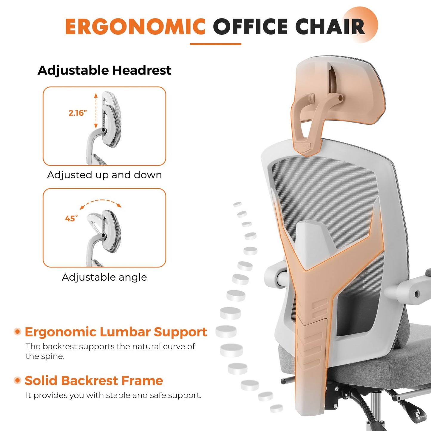 Sweetcrispy Office Computer Desk Chair, Ergonomic High-Back Mesh Rolling Work Swivel Chairs with Wheels, Comfortable Lumbar Support, Comfy Arms for Home, Bedroom, Study, Student, Classic Grey - Medaid International