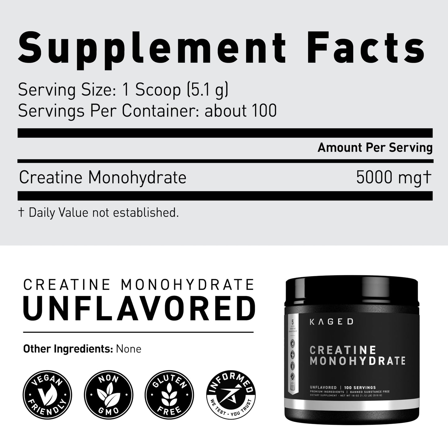 Kaged Creatine Monohydrate Micronized Powder | Unflavored | Muscle Building & Recovery | 5000 mg Per Serving | Vegan, Gluten Free, Easily Digestible | Supplements for Men & Women | 100 Servings - Medaid International