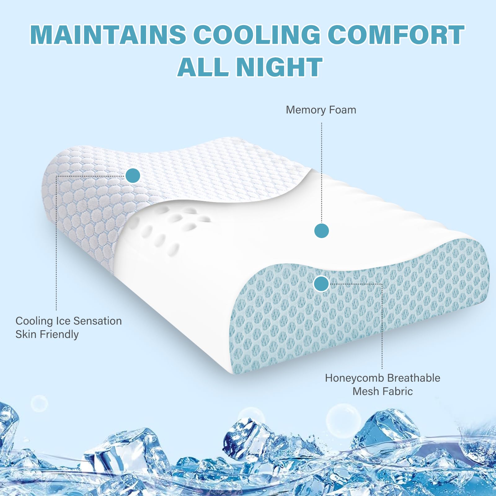 2 Pack Memory Foam Cooling Bed Pillows for Sleeping, Ergonomic Cervical Pillow for Neck and Shoulder Pain Relief, Adjustable Cold Pillow Set of 2,with Pillowcase(Blue) - Medaid International
