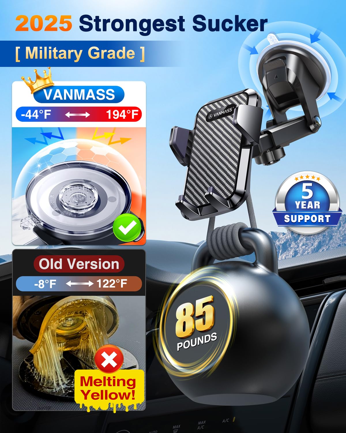 VANMASS ใ85+LBS Strongest Suction & Military-Grade 2025 Ultimate Car Phone MountใPatent & Safety Certsใ Cell Phone Holder Truck Stand for Dashboard Windshield Vent for iPhone 17 Pro Max 16 15 Samsung - Medaid International