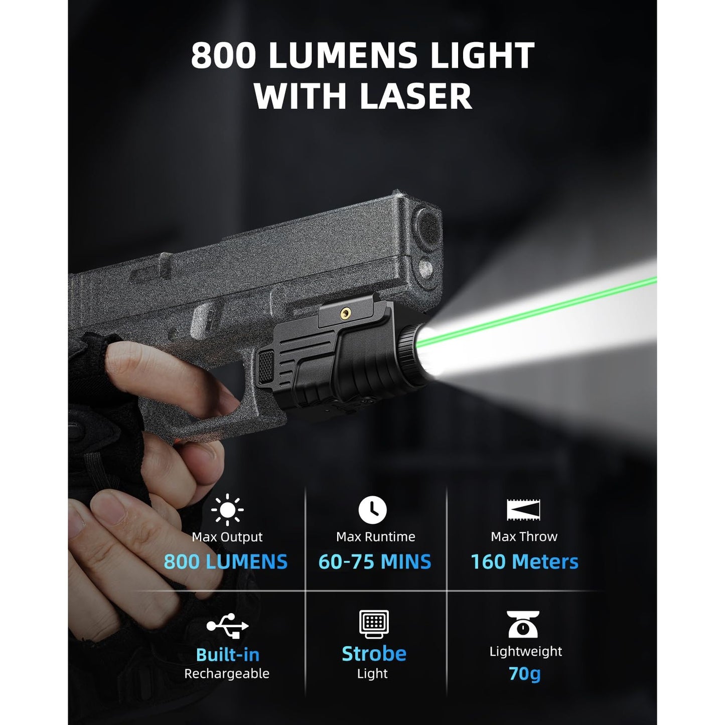 EZshoot 800 Lumens Pistol Light Laser Combo Rechargeable, Pistol Flashlight with Slidable Rail Compatible with Glock and Picatinny Rail, Tactical Flashlight with Green Laser Beam - Medaid International