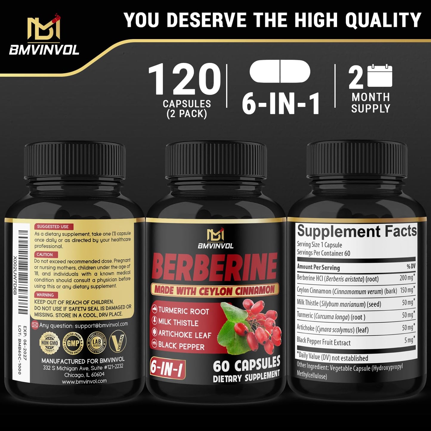 (2 Packs) Berberine Supplement Plus Ceylon Cinnamon, Turmeric, Artichoke, Milk Thistle, Black Pepper - 120 Capsules - 4 Months Supply - Medaid International