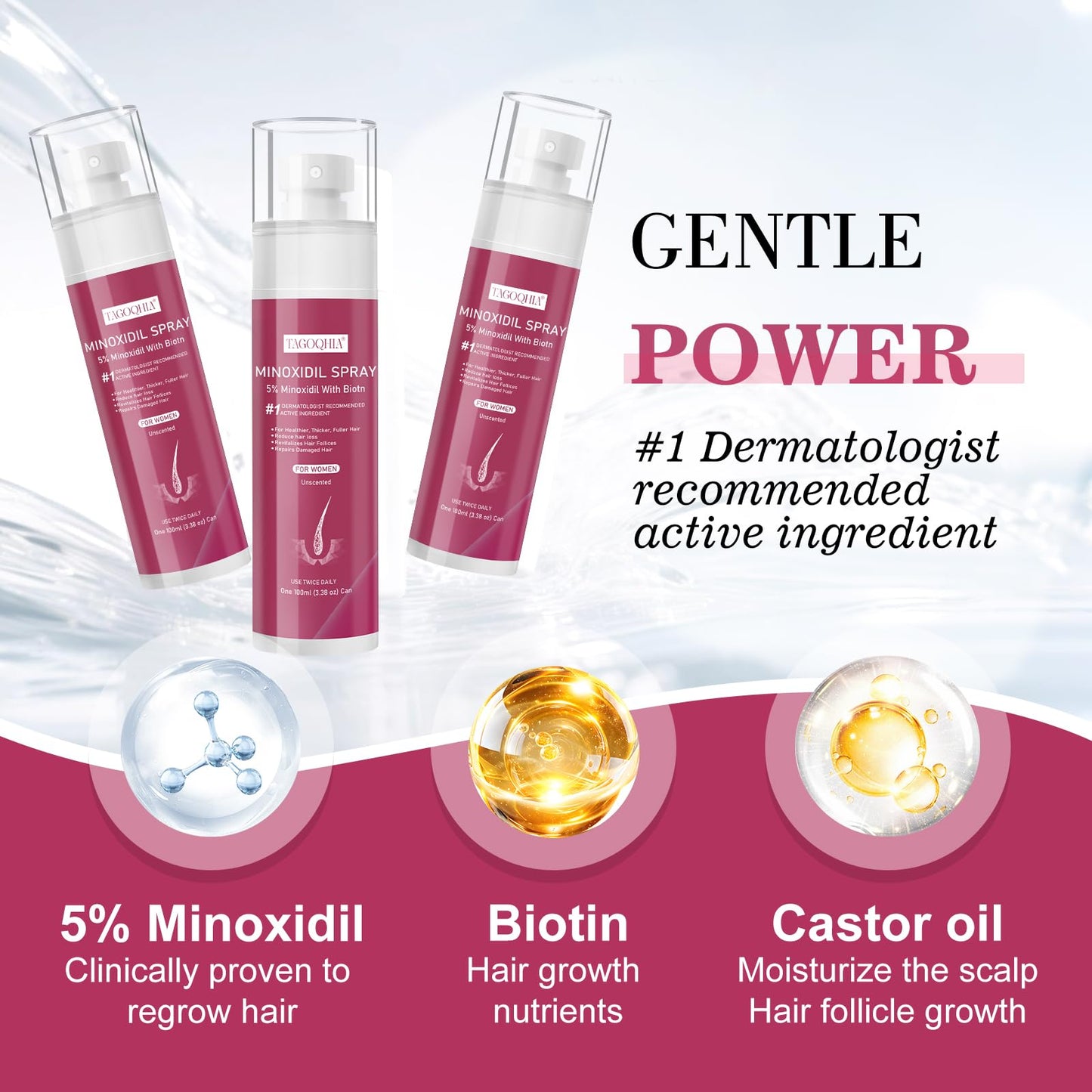 5% Minoxidil for Women Hair Regrowth Spray, hers hair regrowth treatment Infused with Biotin, Extra Strength Treatment to Combat Hair Loss and Thinning, 3 Bottles - Medaid International