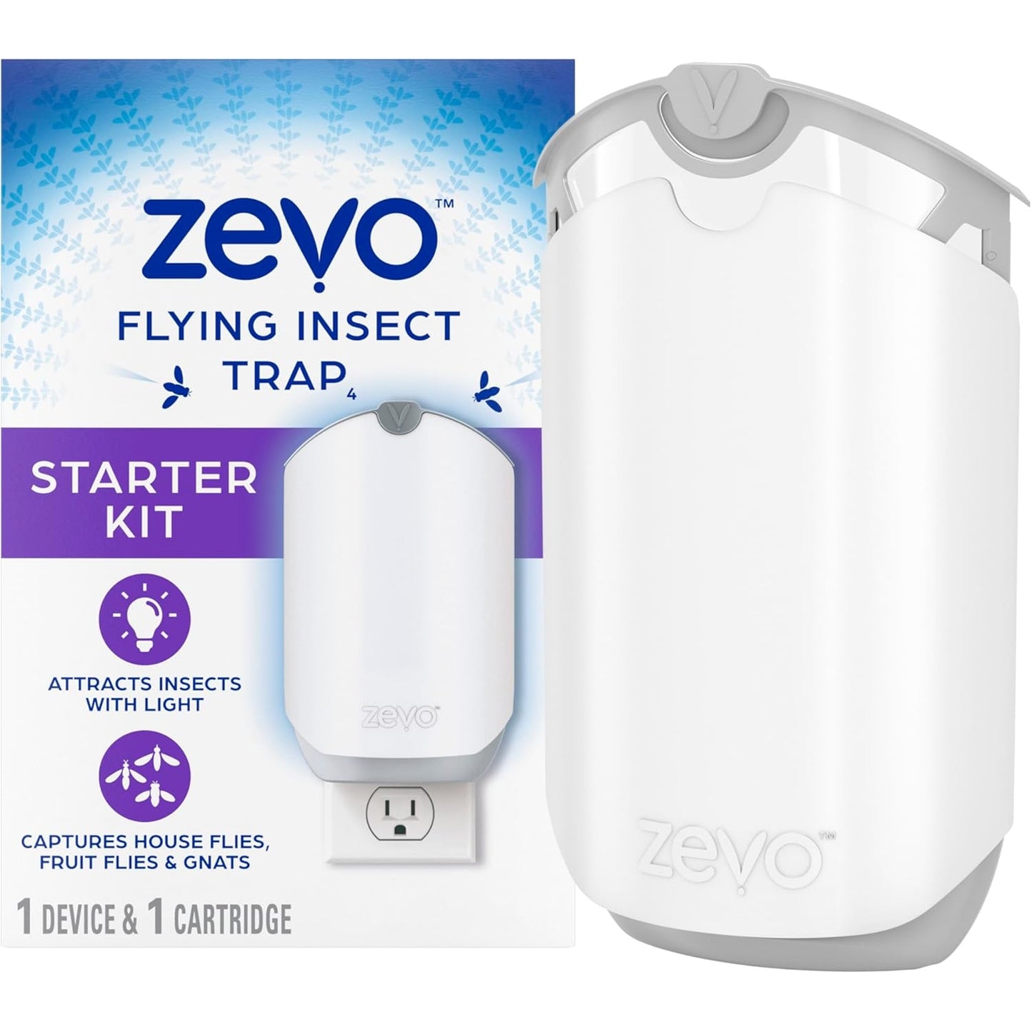 Zevo Flying Insect Trap for Indoors: Light Trap Captures Fruit Flies, Gnats and Houseflies, Starter Kit (1 Plug-in Base + 1 Cartridge) - Medaid International