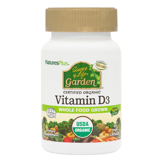 Natures Plus Source of Life Garden Certified Organic Vitamin D3 - Cholecalciferol 5000 iu, 60 Vegan Capsules - Whole Food Plant-Based Supplement - Vegetarian, Gluten-Free - 30 Servings - Medaid International