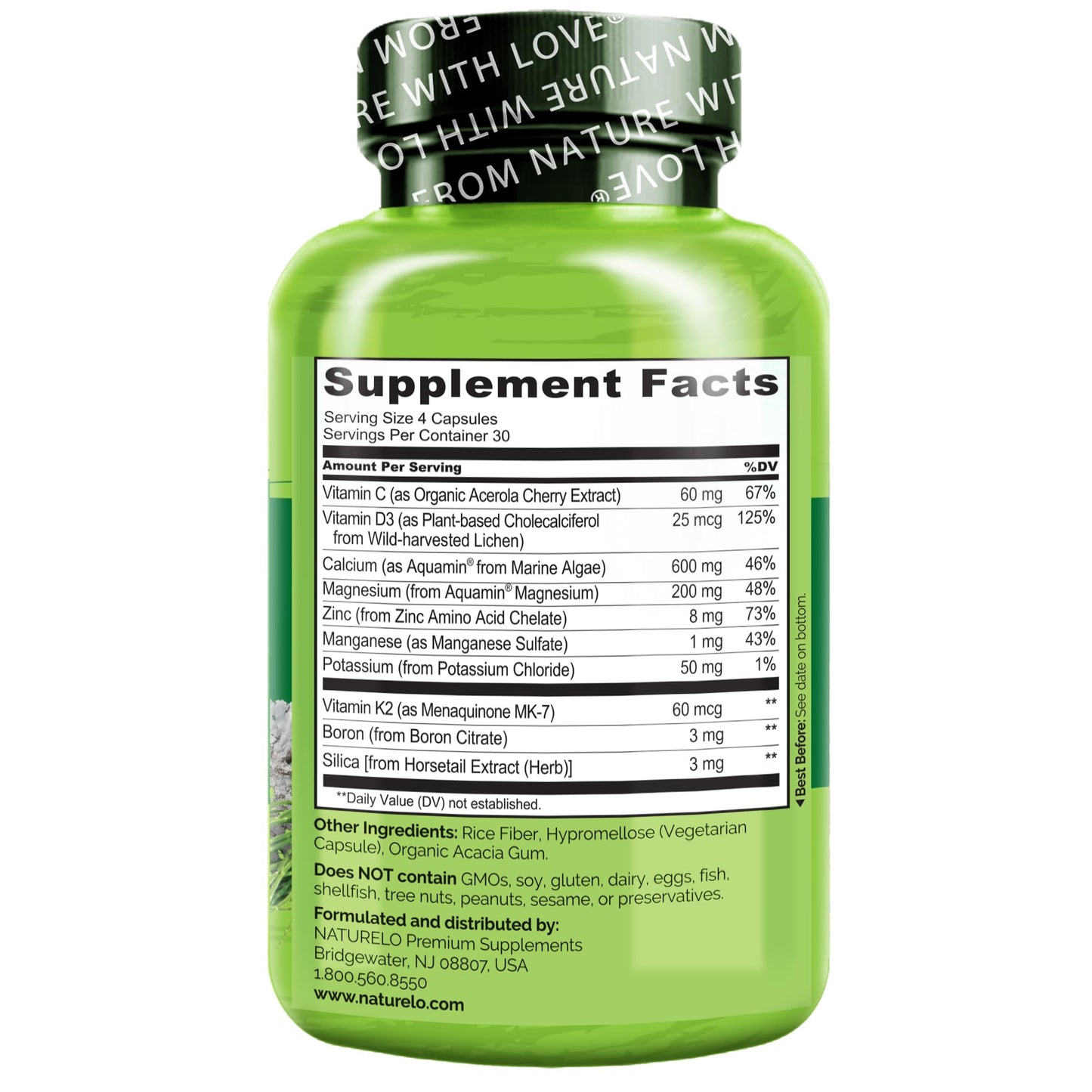 NATURELO Calcium Supplement - with Vitamin C, Vitamin D3, K2, and Calcium Magnesium Zinc for Bone Strength with Calcium 600mg - Plant-Based, 120 Vegetarian Capsules, Non-GMO, Soy & Gluten-Free - Medaid International