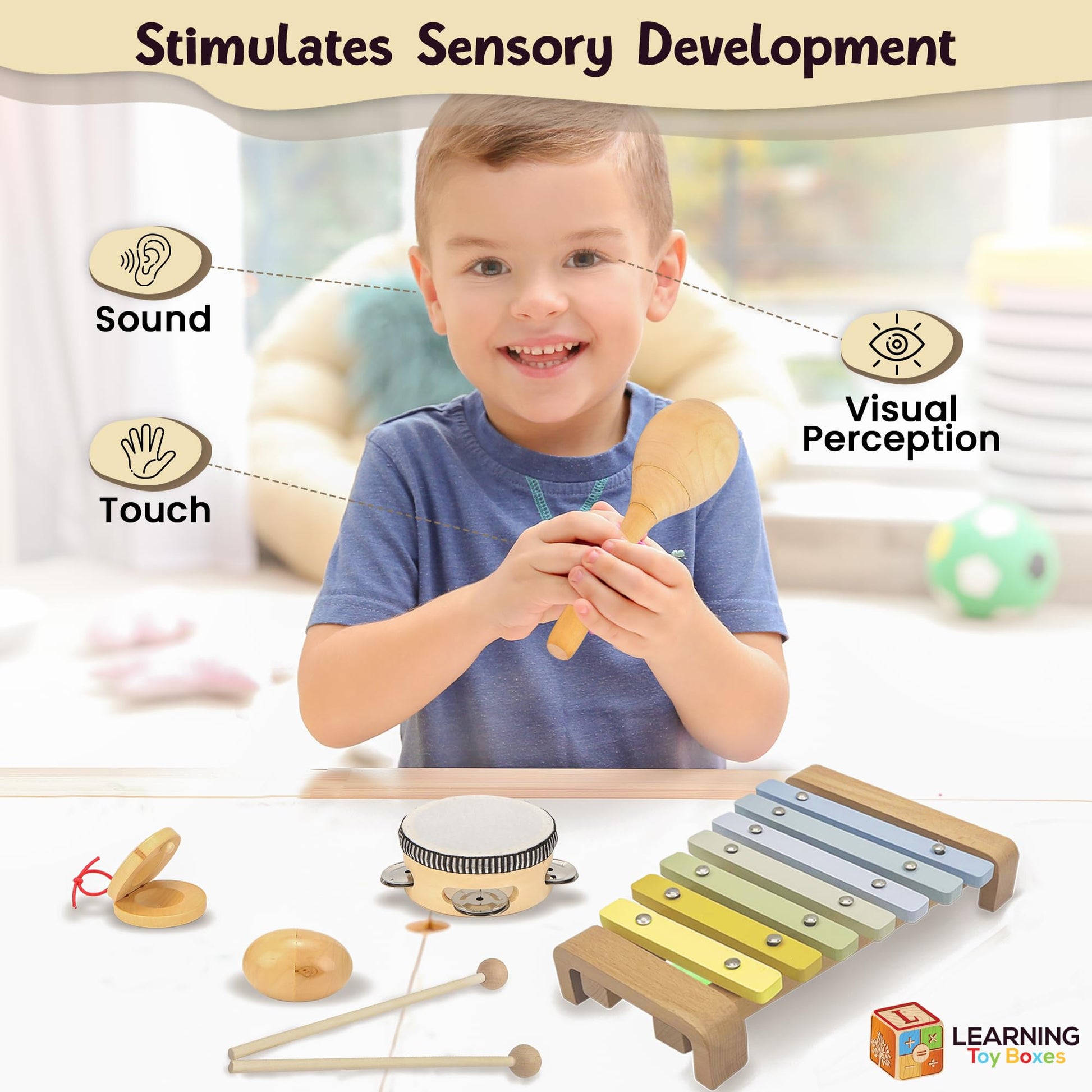 Natural Wood Baby Toys - Musical Toys for Toddlers 1-3: Toddler Musical Instruments Set of 5 in 1, with a Tambourine, Egg Shaker, Castanet, Maracas and Xylophone for Kids at All Ages - Medaid International