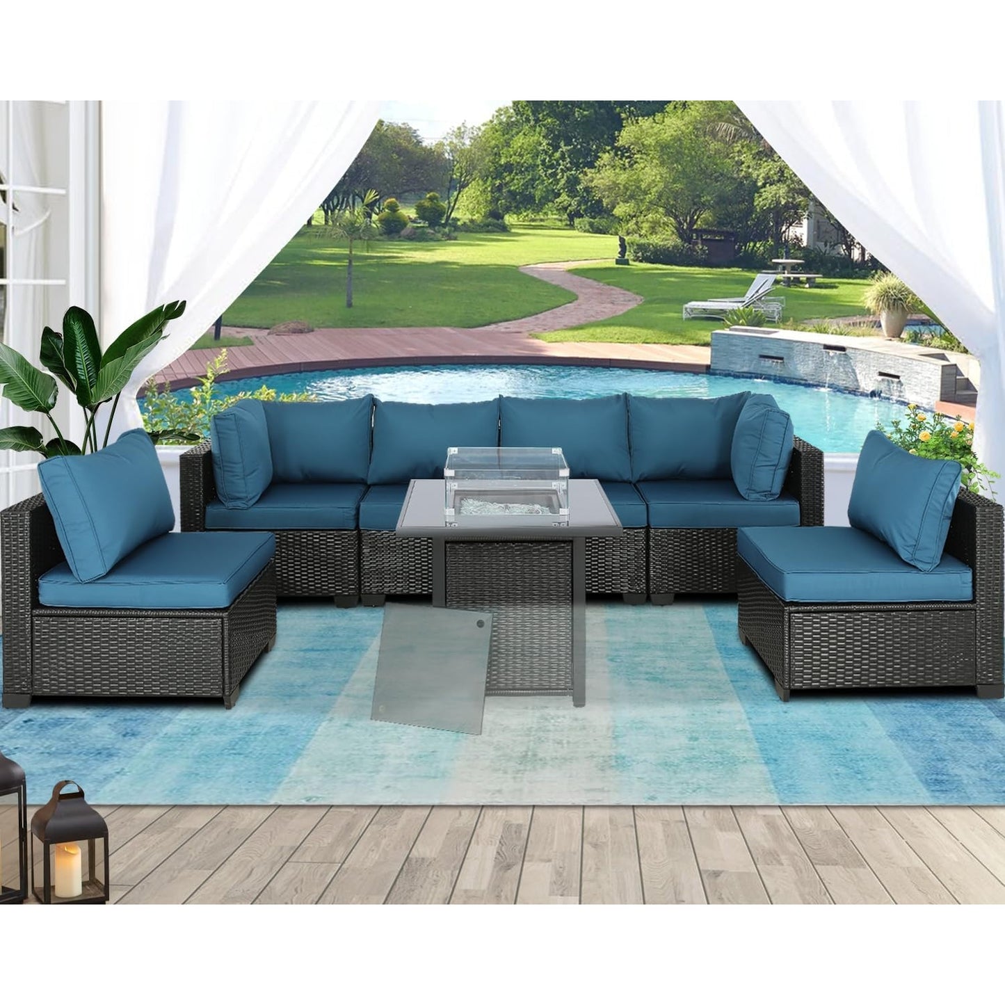 Patio Furniture Sets Outdoor Sectional PE Rattan Outdoor Furniture Patio Conversation Set with Cushions for Balcony Lawn and Garden (Expresso/Navy Blue, 7 pcs w/Table) - Medaid International