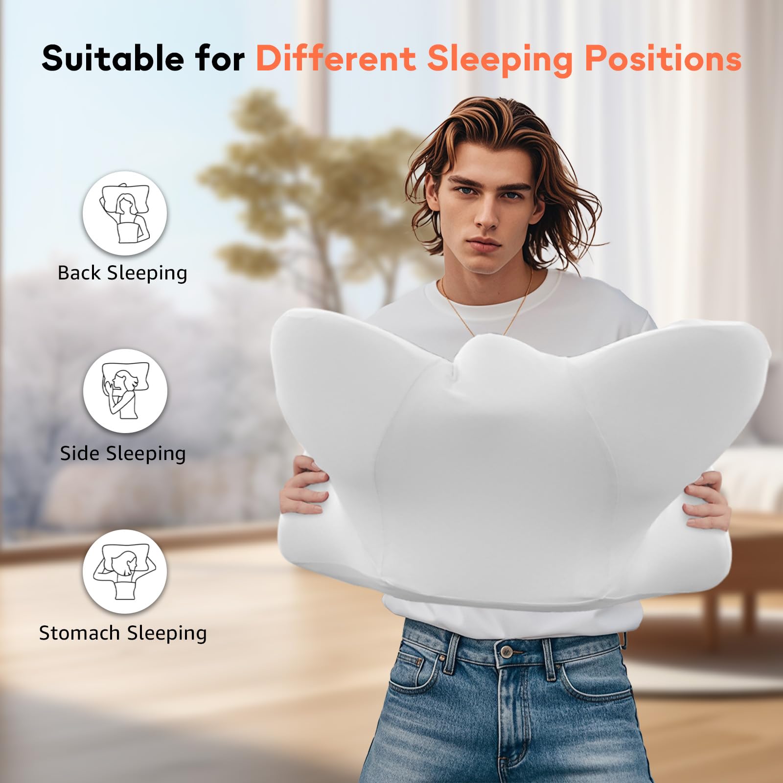 Dual-Height Cervical Neck Pillow for Pain Relief, Memory Foam Pillows with Cooling Tech -3D Ergonomic Support, Cooling Cover, for Side/Back/Stomach Sleeper Pillow, Minimalist Style - White - Medaid International