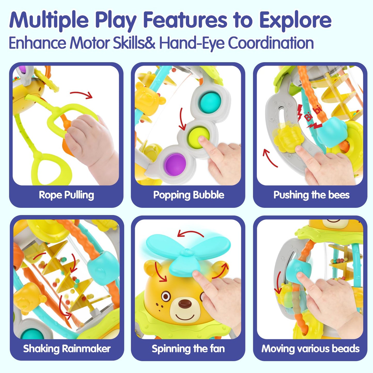 HOLA Montessori Toys for 1 Year Old Boys-Rattle Teething Baby Toys 0-6 & 6-12 Months, Silicone Pull String Sensory Toys for 1 Year Old Girl Gifts Christmas Stocking Stuffers - Medaid International