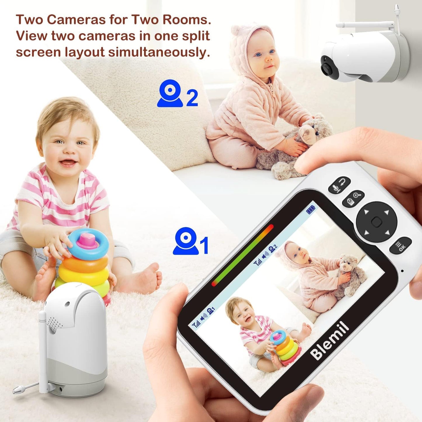 Blemil Upgrade Baby Monitor with 30-Hour Battery, 5" Large Split-Screen Video Baby Monitor with 2 Cameras and Audio, Remote Pan/Tilt/Zoom, Two-Way Talk, Room Temperature, Auto Night Vision - Medaid International