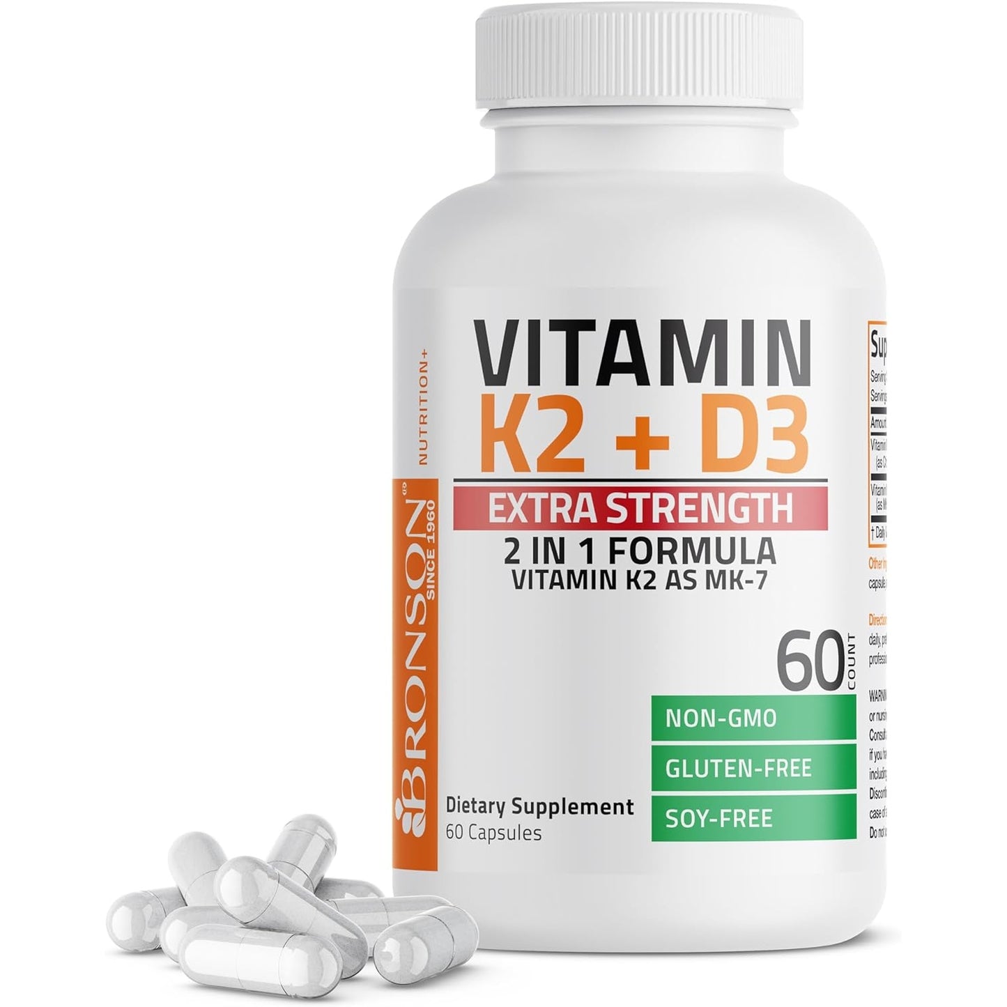 Bronson Vitamin K2 (MK7) with D3 Extra Strength Supplement Bone Health Non-GMO Formula 10,000 IU & 120 mcg MK-7 Easy to Swallow D K, 60 Capsules - Medaid International