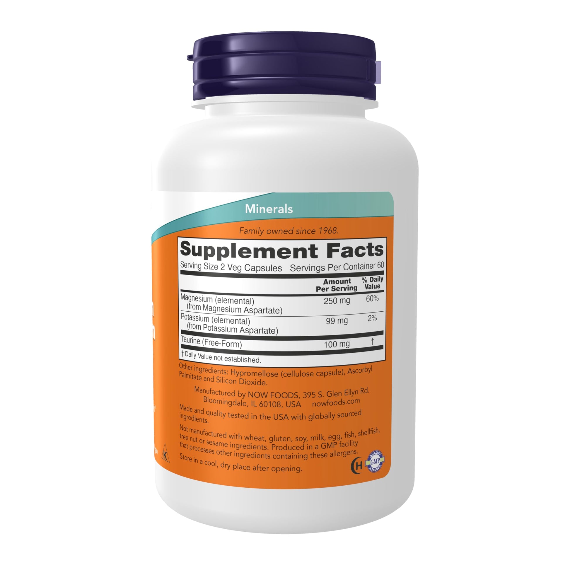 NOW Foods Supplements, Magnesium & Potassium Aspartate with Taurine, Heart Health*, 120 Veg Capsules - Medaid International