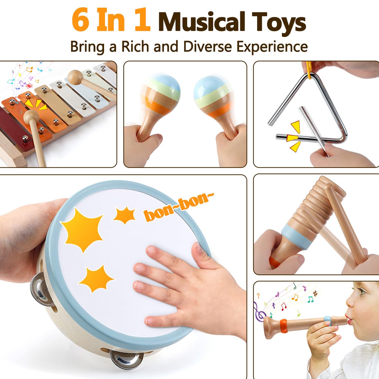 Baby Musical Instruments - Montessori Musical Toys for Toddlers 1-3, Wooden Percussion Instruments Set, Neutral Colors Modern Boho Music Toys for 1 Year Old, Kids Preschool Educational Birthday Gifts - Medaid International