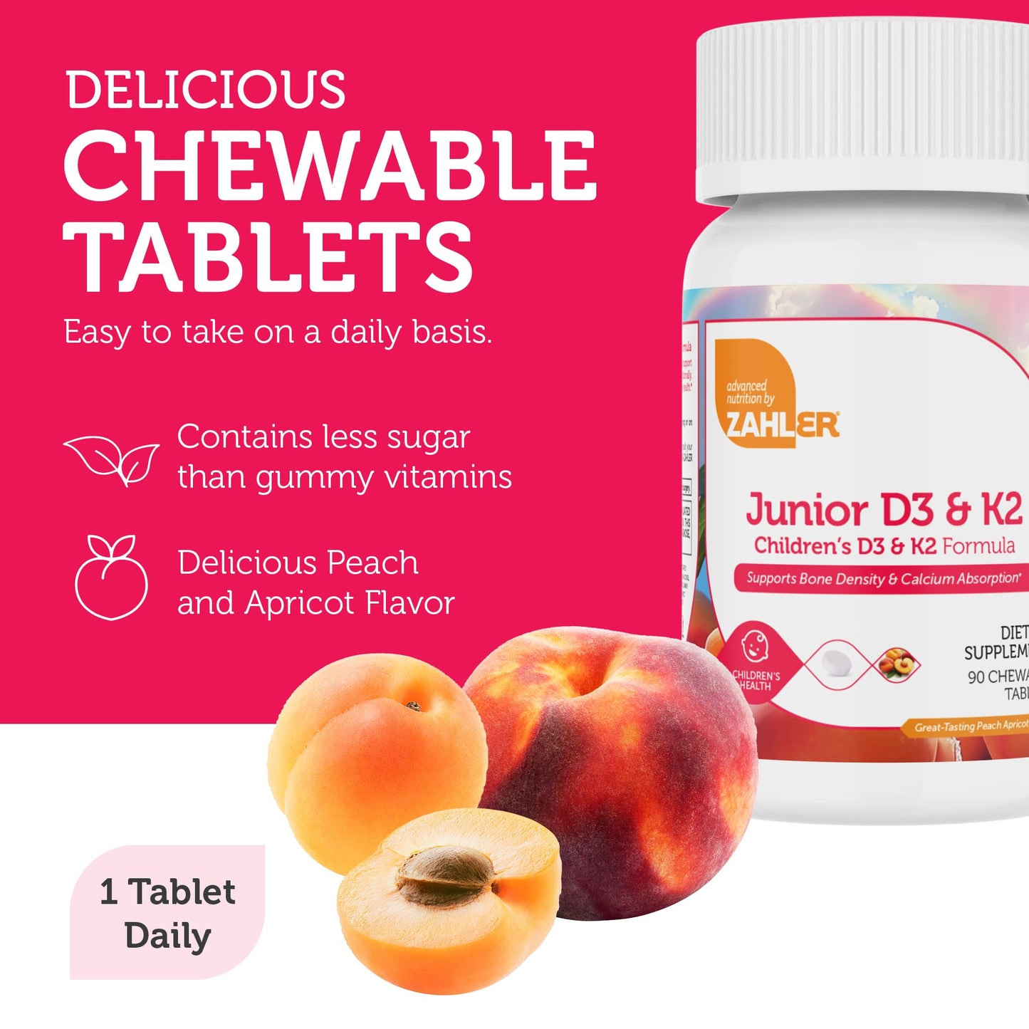 Zahler - Junior Vitamin D3 + K2 Chewable Tablets for Kids| Vitamin D for Kids 2000 IU | Delicious Vitamin D K2 Chews to Support Healthy Bones & Teeth - Kosher, Less Sugar Than Gummies (90 Count) - Medaid International