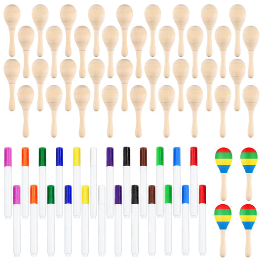 BOUBONI 40Pcs DIY Wooden Maracas for Kids, Mini Maracas for Mexican Fiesta Party Favors with 24Pcs Multicolor Pens, Cinco De Mayo Party Supplies - Medaid International