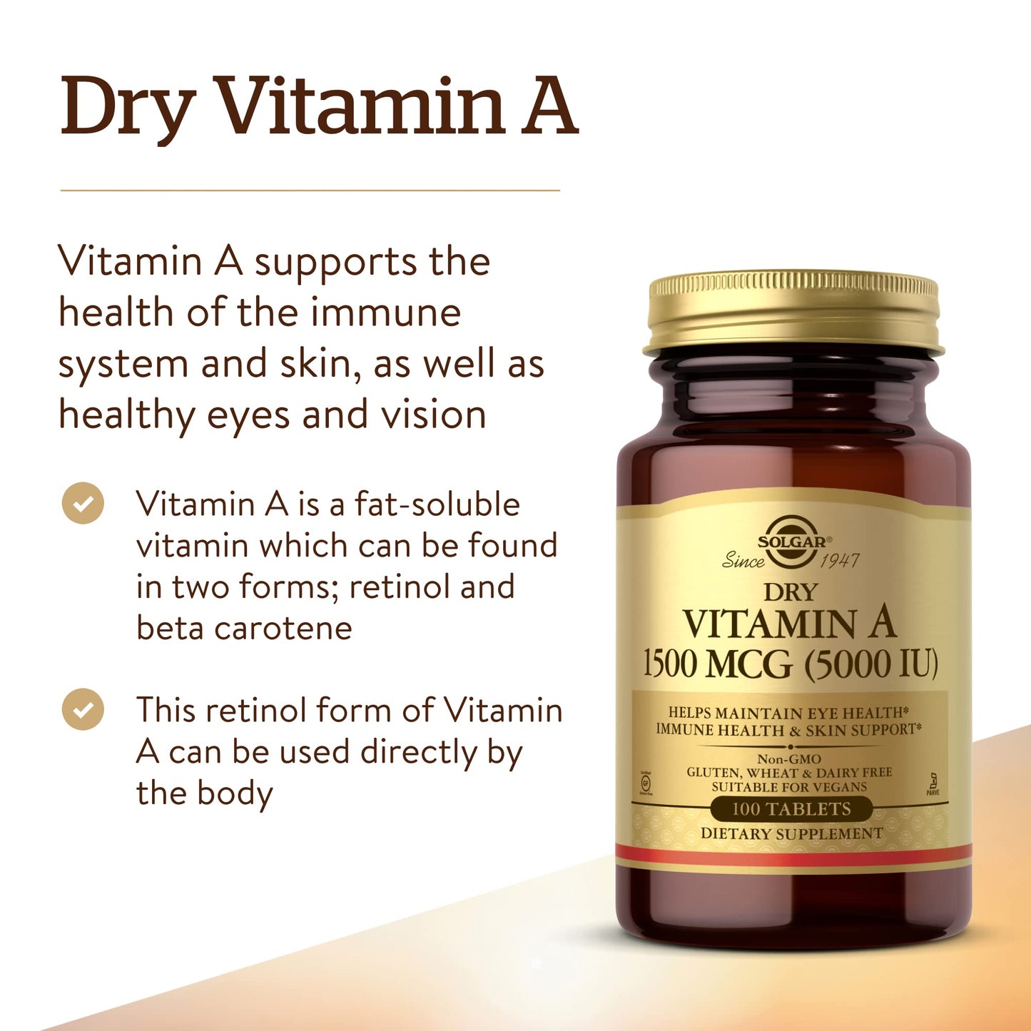 Solgar Dry Vitamin A 1500 mcg (5000 IU), 100 Tablets - Supports Healthy Eyes, Skin & Immune System - Non-GMO, Vegan, Gluten Free, Dairy Free, Kosher - 100 Servings - Medaid International