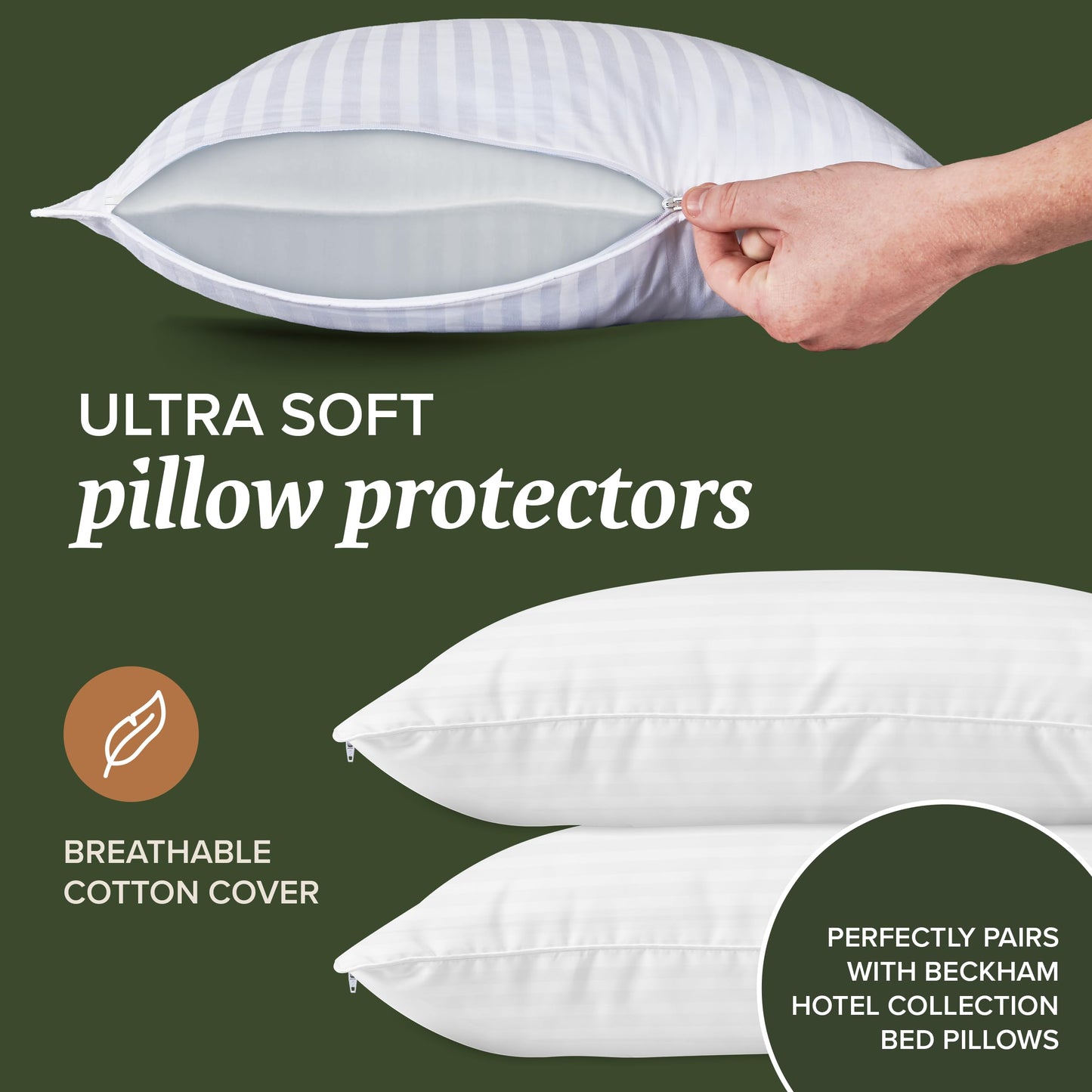 Beckham Hotel Collection Queen Size White Pillow Protector with Zipper Set of 2, Soft and Breathable Cotton Pillow Protector Covers - Medaid International