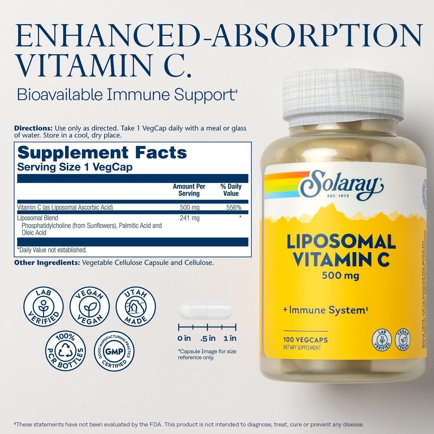SOLARAY Liposomal Vitamin C 500mg - Enhanced Absorption Vitamin C Liposomal Blend with Fatty Acids - Antioxidant and Immune Support Supplement - Vegan, 60-Day Guarantee, 100 Servings, 100 VegCaps - Medaid International