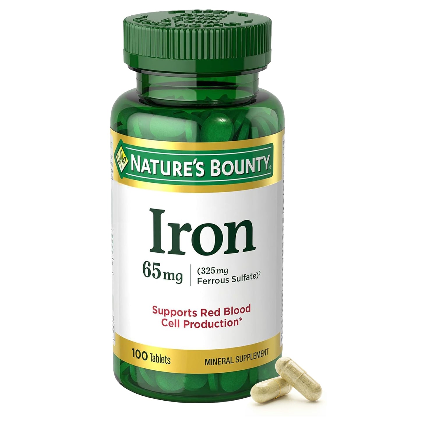 Nature’s Bounty Iron 65mg, 325 mg Ferrous Sulfate, Cellular Energy Support, Promotes Normal Red Blood Cell Production, 1 Serving Per Day, Gluten Free, 100 Vegetarian Tablets - Medaid International