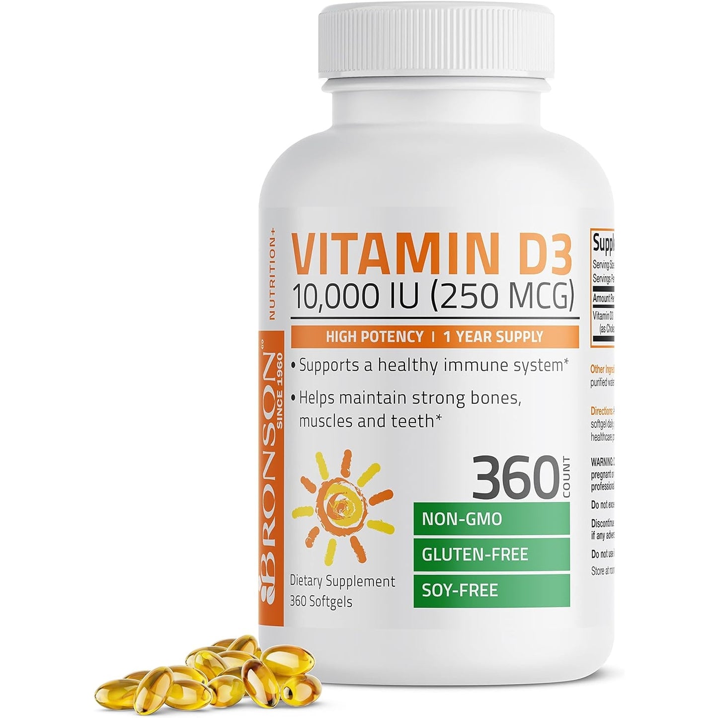 Bronson Vitamin D3 10,000 IU (250 mcg) High Potency - Supports Healthy Immune System, Strong Bones, Muscles & Teeth - Non GMO, 360 Softgels (1 Year Supply) - Medaid