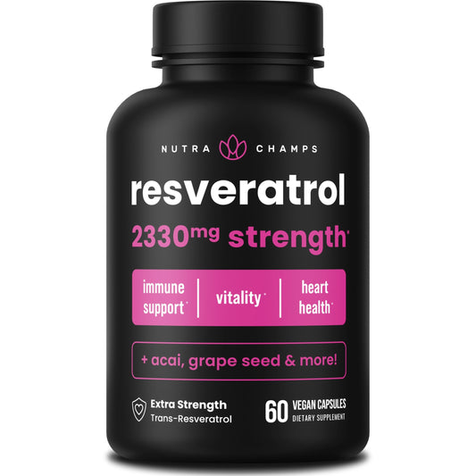 NutraChamps Resveratrol Supplement, Extra Strength Formula for Healthy Aging, Immune Support, 60 Vegan Capsules with Trans-Resveratrol, Green Tea Leaf, Acai Berry & Grape Seed Extract - Medaid International