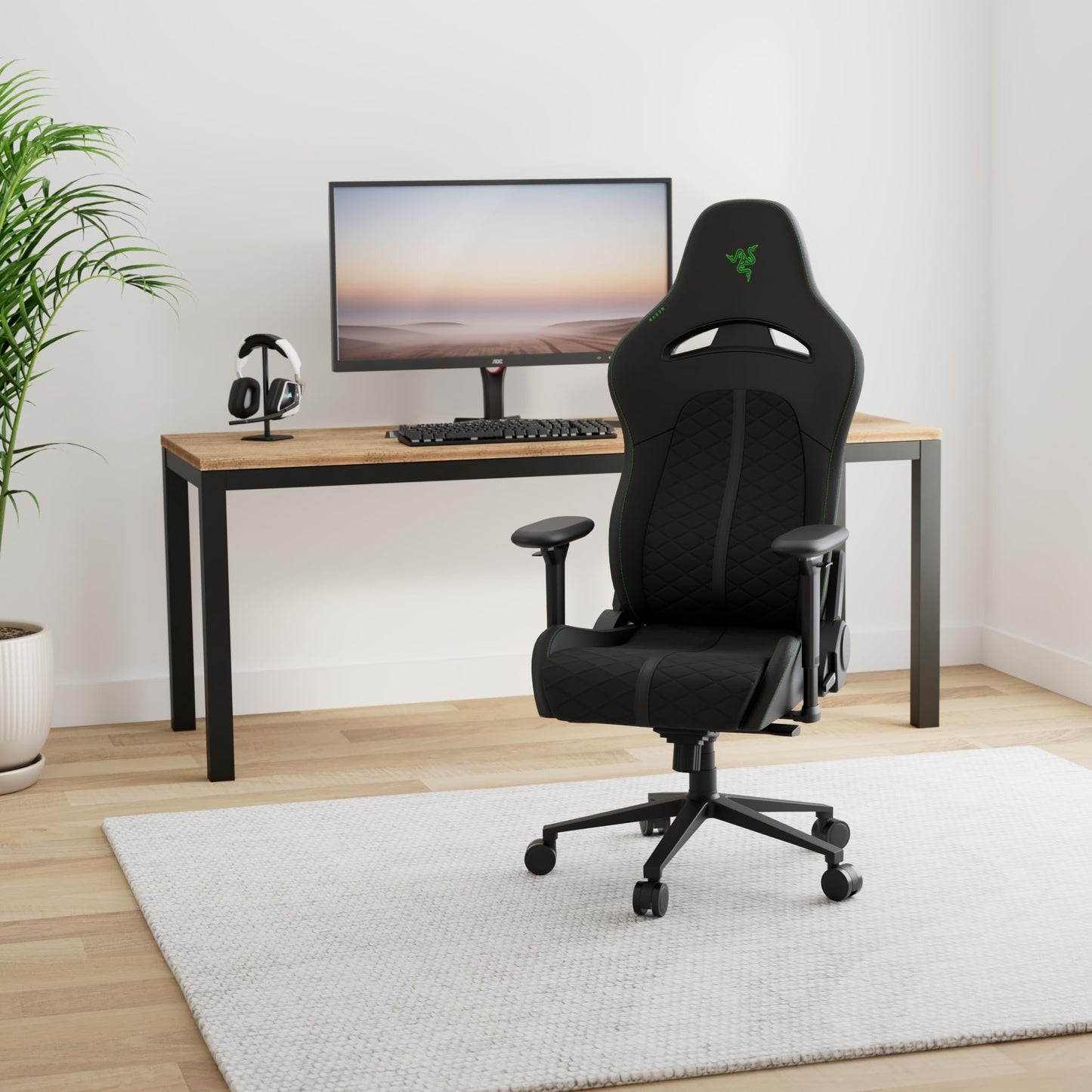Razer Enki Gaming Chair: All-Day Comfort - Built-in Lumbar Arch - Optimized Cushion Density - Dual-Textured, Eco-Friendly Synthetic Leather - Reactive Seat Tilt & 152-Degree Recline - Black/Green - Medaid International