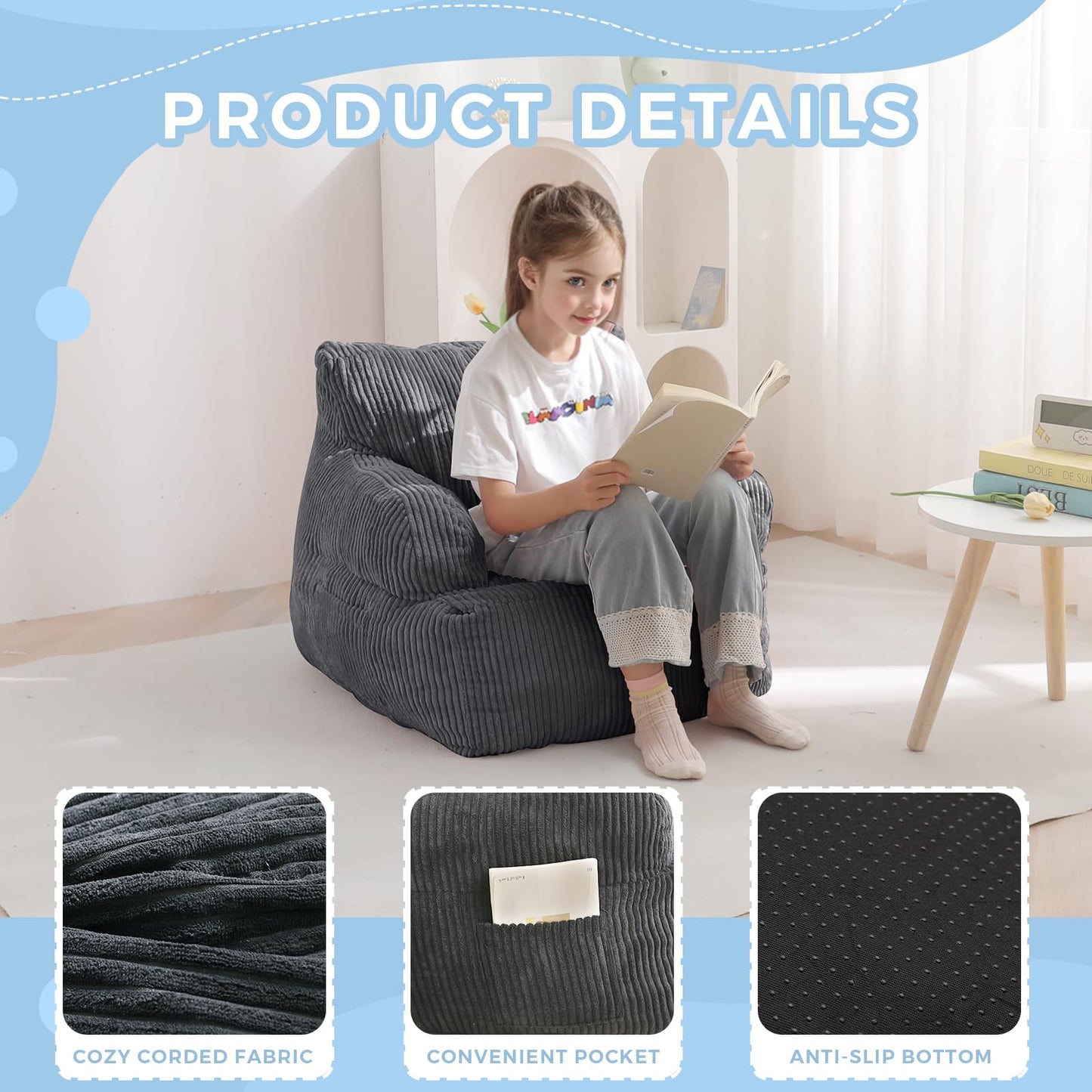 MAXYOYO Kids Bean Bag Chair, Stuffed Toddler Bean Bag Sofa with Filler Bean Bag Chair for Boys and Girls, Lazy Sofa with Pocket Floor Chair for Gaming, Reading, Dark Grey - Medaid International