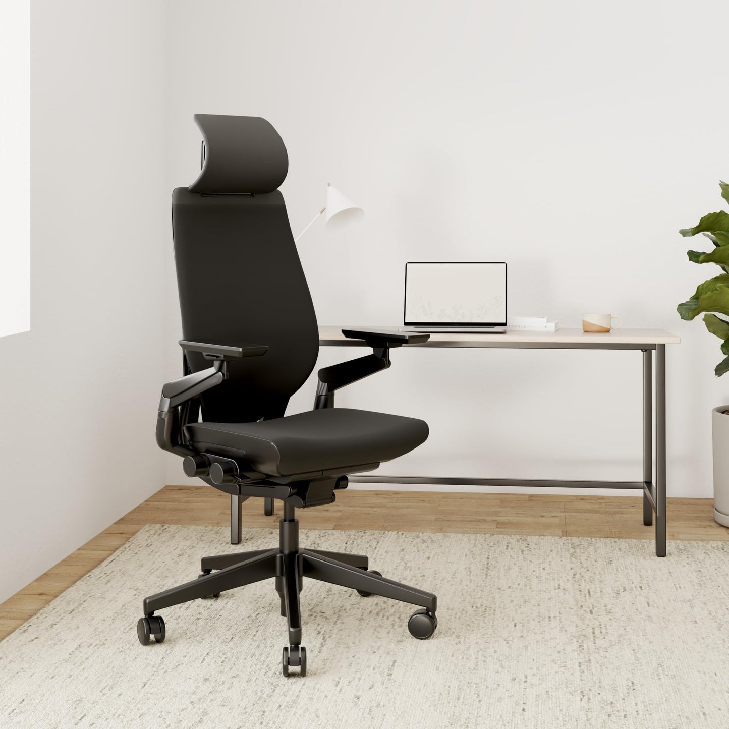Steelcase Gesture Office Chair with Head Rest - Ergonomic Work Chair with Wheels for Carpet - Comfortable Office Chair - Intuitive-to-Adjust Chairs for Desk - 360-Degree Arms - Licorice Fabric - Medaid International